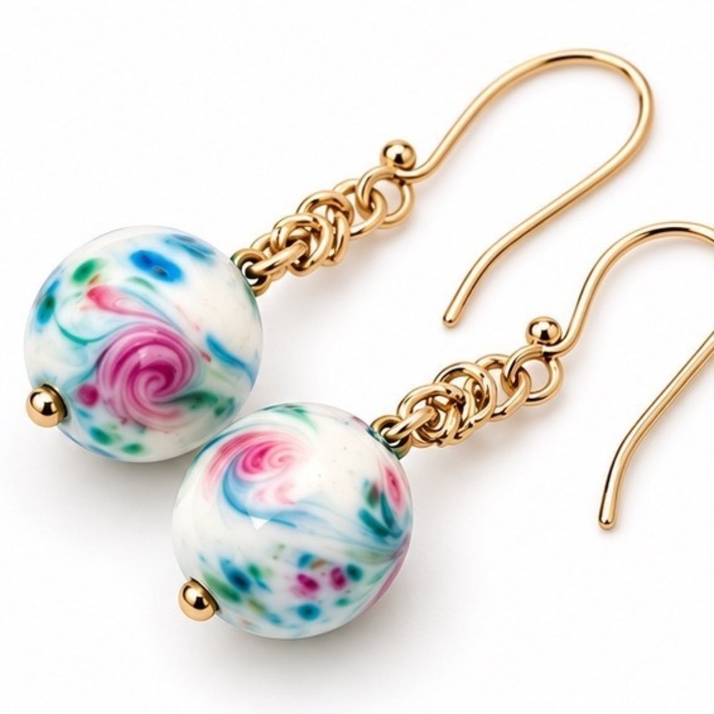 Swirl Glass Earrings Bead Drop Marbled Design Splash Pinks Blues Gold Tone Hooks